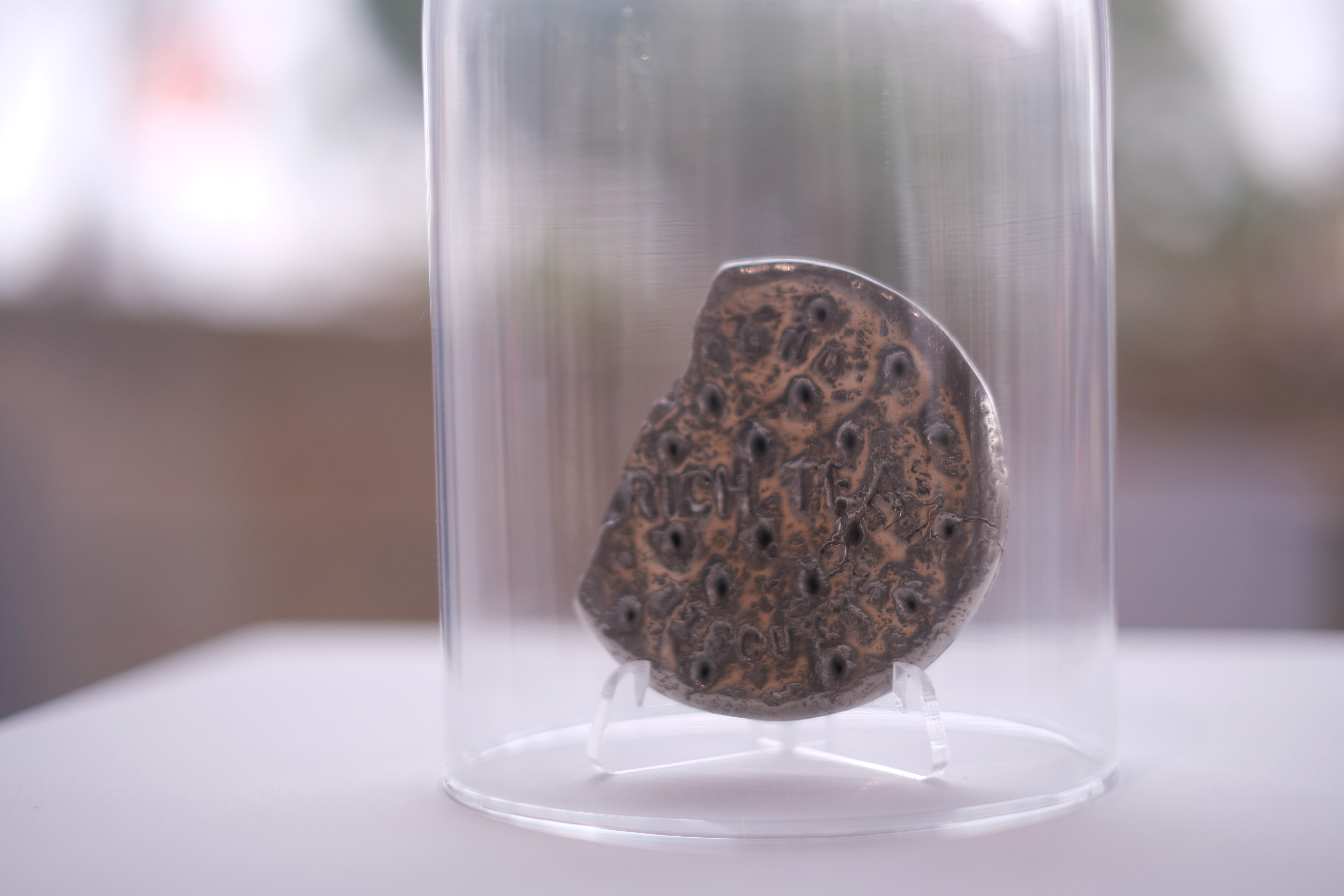 A silver-coloured metal sculpture of a broken round biscuit with the embossed text "OUND RICH TEA," displayed under a clear glass dome on a white base.