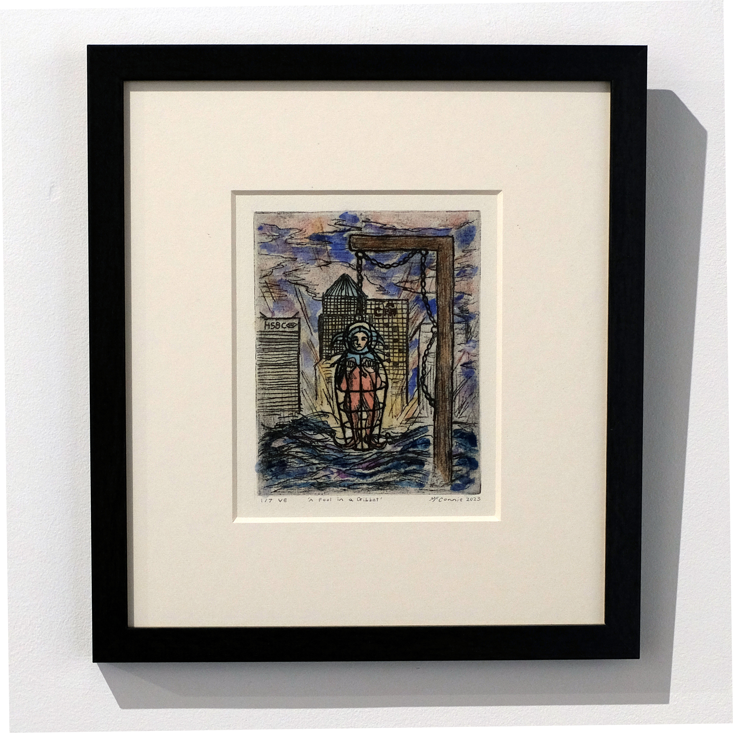 Small etching showing a jester in a blue hat and pink costume trapped in a gibbet over the Thames, with Canary Wharf's dark silhouette and stormy skies in the background.