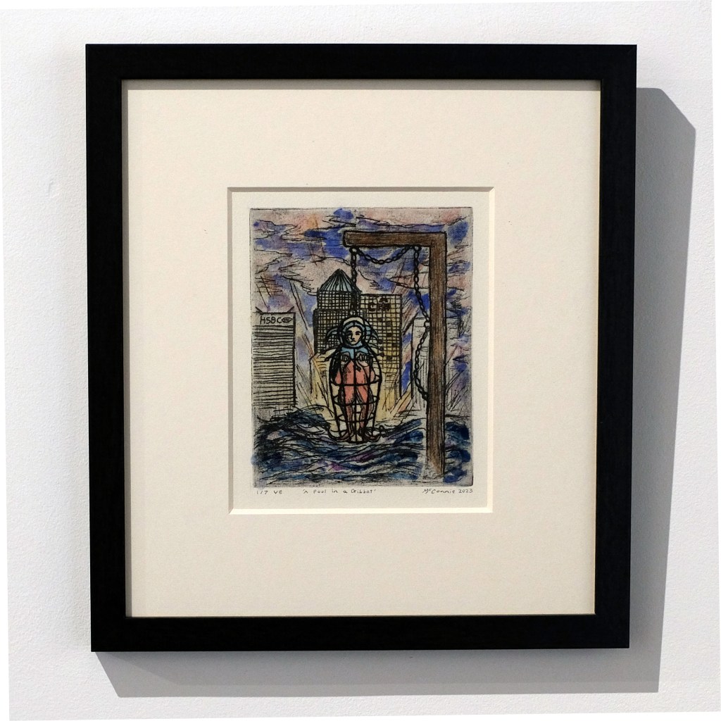 Small etching showing a jester in a blue hat and pink costume trapped in a gibbet over the Thames, with Canary Wharf's dark silhouette and stormy skies in the background.