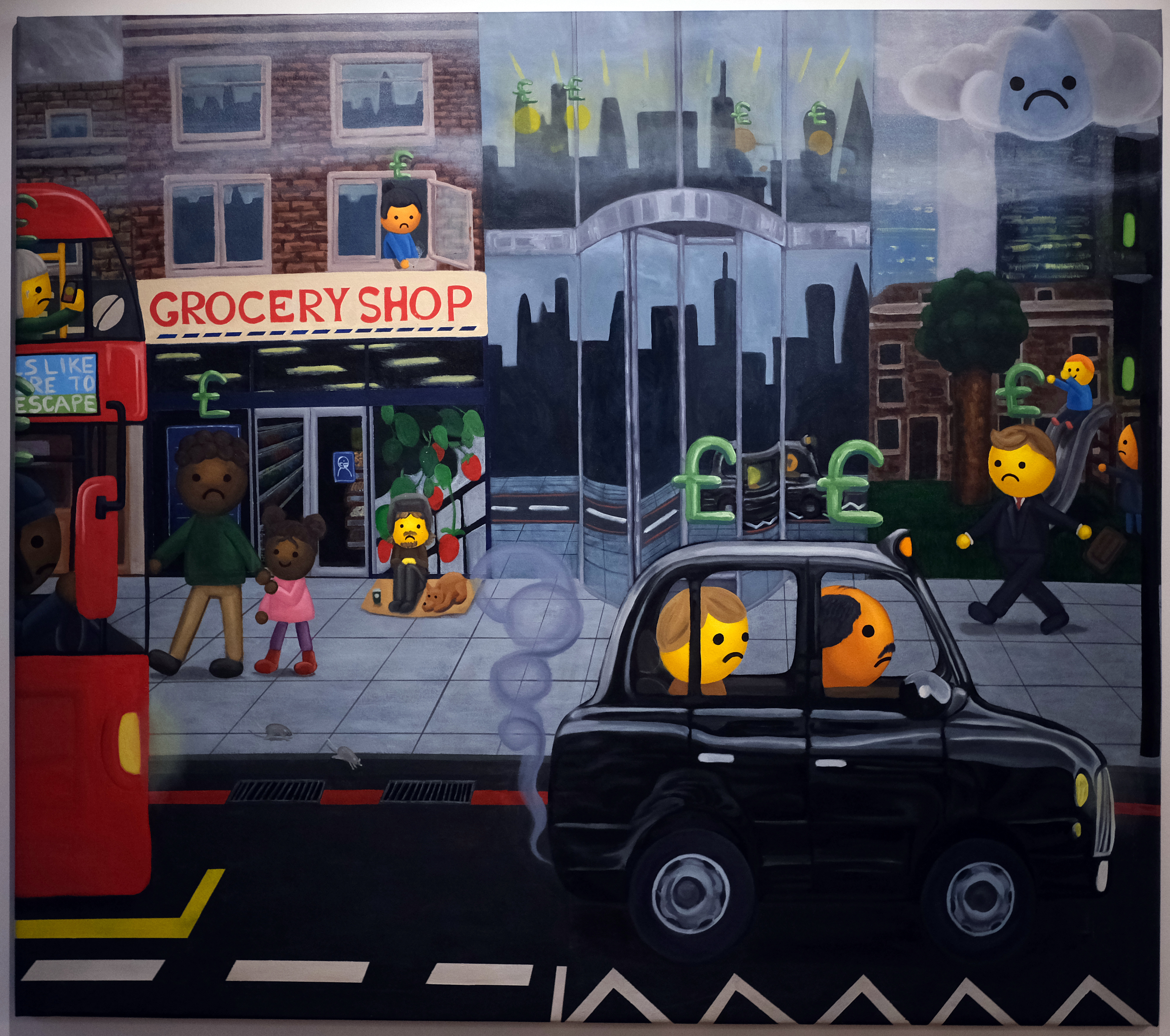Painting of a gloomy and cartoon-like busy city scene with sad cartoon-like figures, a double-decker bus, and a grocery shop under a cloudy sky.