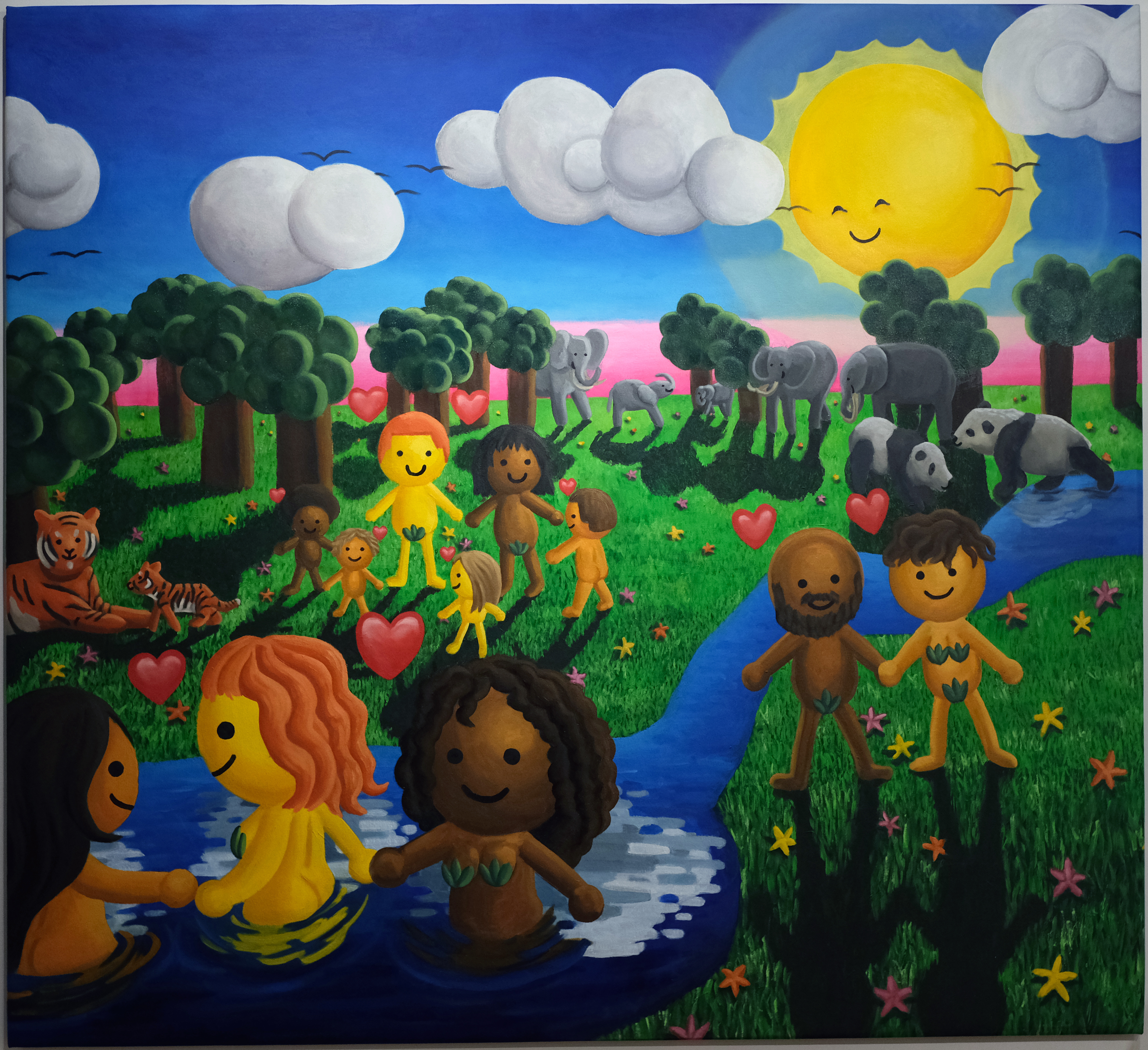 Painting of a cartoonish and cheerful, sunny landscape with happy cartoon-like figures and animals by a river and under a smiling sun.