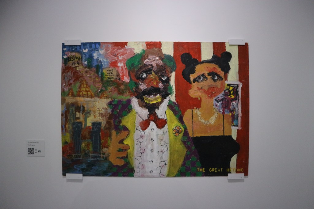 A bright and messy painting displays a man in a checked suit and a woman in a black dress with prominent clownish makeup, standing before a backdrop that merges a striped tent with an abstract outdoor scene.