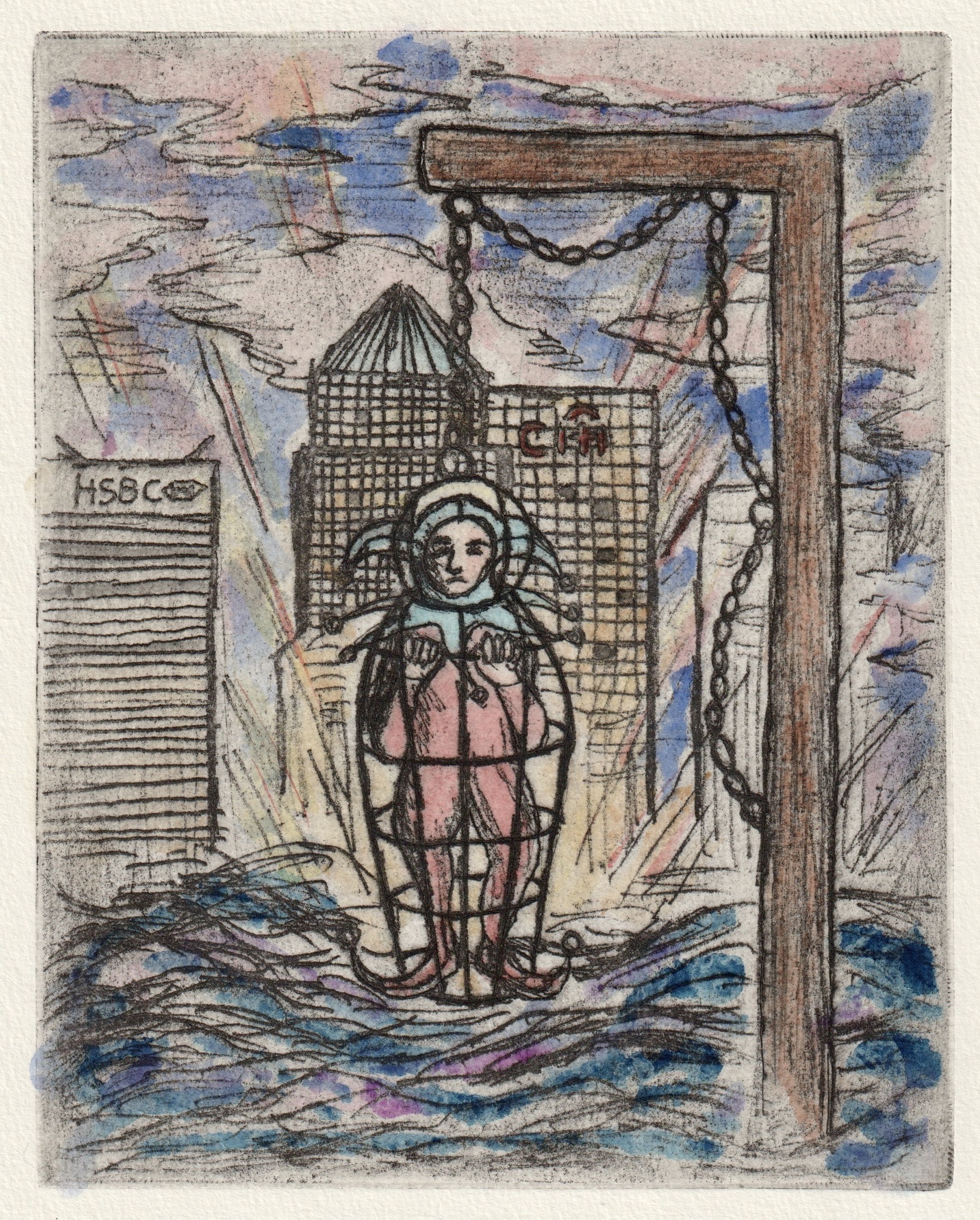Small etching showing a jester in a blue hat and pink costume trapped in a gibbet over the Thames, with Canary Wharf's dark silhouette and stormy skies in the background.