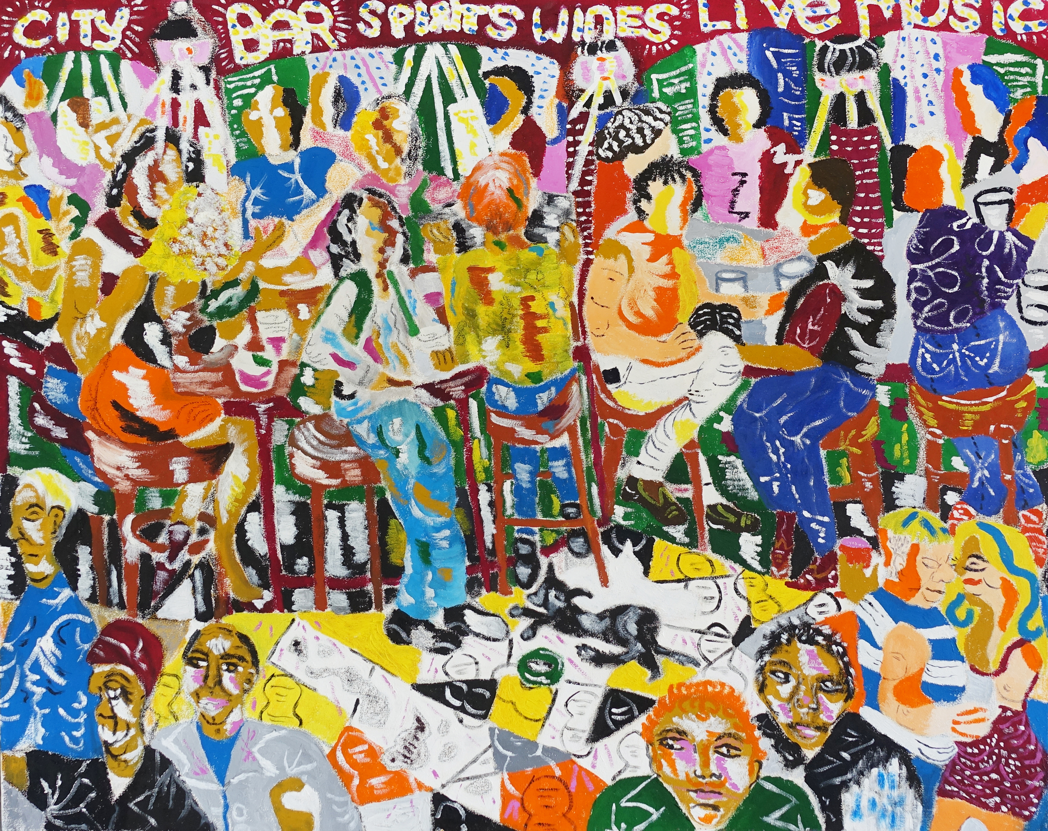 Abstract, colourful painting of a crowded bar scene with stylised figures and text indicating a city location with live music and drinks.