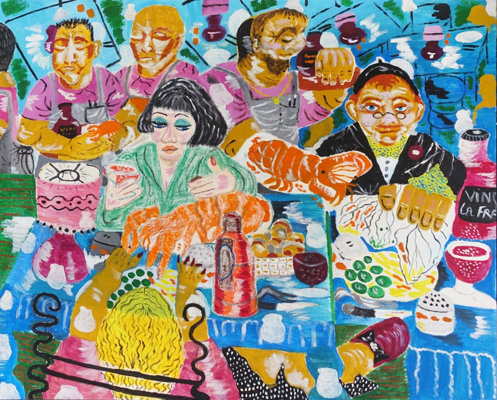 A vivid painting of three people sat feasting in a restaurant or as part of some festivity. The scene is filled with bold colours, dynamic textures, and a background suggesting a lively atmosphere.